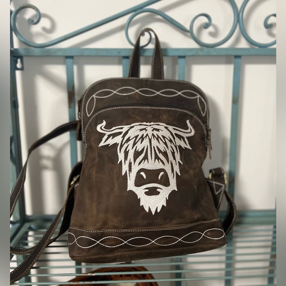 Rustic Highland Bull Genuine Crazy Horse Leather Small Backpack Bag Western Boho - Picture 10 of 13